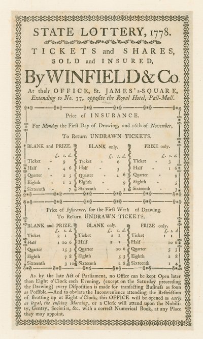 Statslotteriet, 1778 av English School