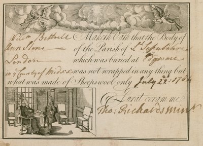 Uttalelse om at Ann Slone ble gravlagt i saueull, 1784 av English School