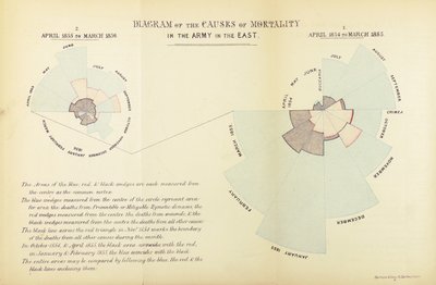Statistisk diagram oppfunnet av Florence Nightingale for å vise overvekt av sykdom som en årsak til dødelighet i den britiske hæren under Krim-krigen, april 1854 til mars 1855 og april 1855 til Ma av English School