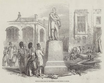 Statue av hertugen av Wellington, ved Tower of London (gravering) av English School