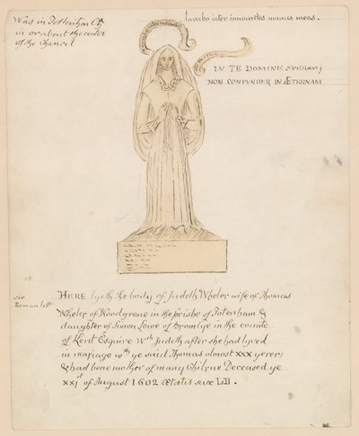 Statue, graven til Judeth Wheler som døde 21. august 1602 (blekk på papir) av English School
