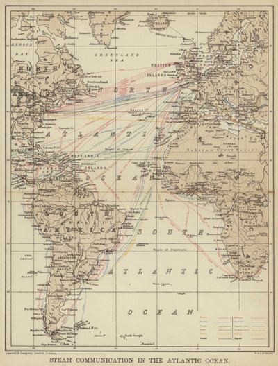 Dampkommunikasjon i Atlanterhavet (farge litho) av English School