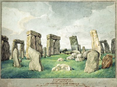 Stonehenge i sin nåværende tilstand, et Anpedilunian-tempel, 1821 (wc på papir) av English School