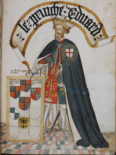 Stowe 594, f.14 Portrett av Edward, Prince of Wales [den svarte prinsen], en riddergrunnlegger av strømpebåndsordenen, fra 