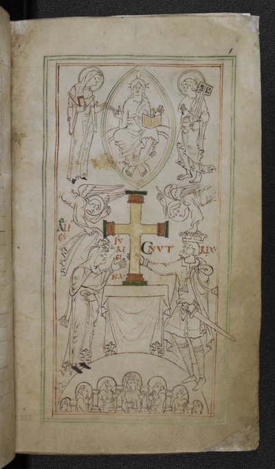 Stowe 944 f.6 King Cnut and his Queen, Aelfgyfu, presenting a cross upon the altar of the New Minster, 