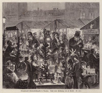 Striezelmarkt julemarked, Dresden, Tyskland (gravering) av English School
