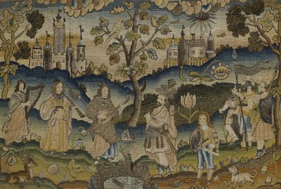 Stubbearbeid med Scene of Five Musicians in Garden with Tree, midten av 1600-tallet (stoff) av English School