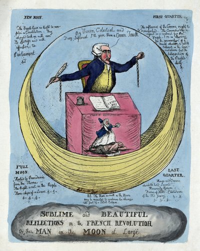Sublime og vakre refleksjoner om den franske revolusjonen, eller mannen i månen i stor stil, pub. 1790 (håndfarget gravering) av English School