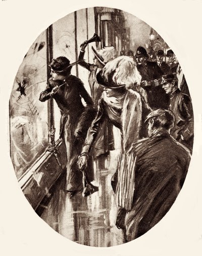 Suffragetter – tegning av kvinner som knuser butikkvinduer i London, mars 1912 (gravering) av English School