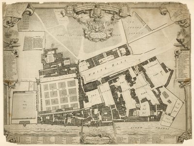 Oppmåling og grunntomt til Royal Palace of Whitehall, 1680, med losji og leiligheter som tilhører deres Majesteter av English School
