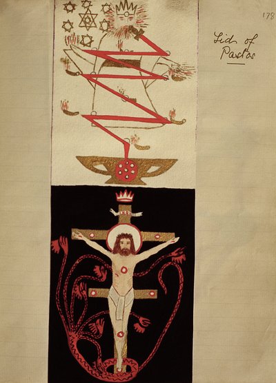 Symbolske design på lokket til Pastos i hvelvet til adeptene, ca. 1895 (farget blekk på papir) av English School