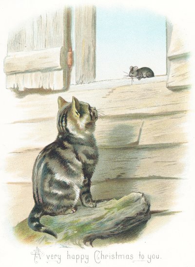 Tabby Cat stirrer på mus, julekort av English School