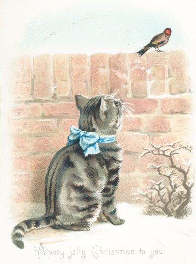 Tabby Cat ser på Finch på veggen, julekort av English School