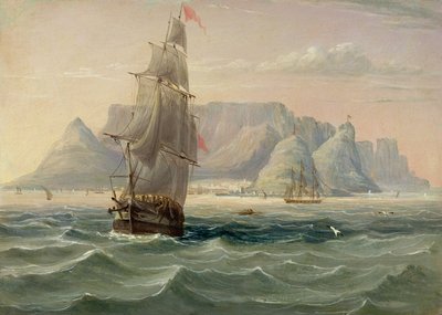 Table Mountain, Cape Town, fra havet, 1820 (olje på kort) av English School