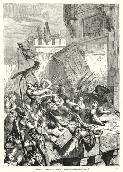 Tar en forsvart by ved angrep, Jeremiah IV, 5 (gravering) av English School