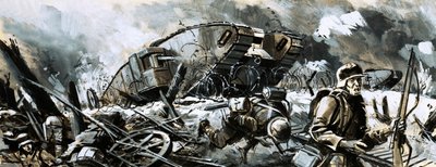 Tanks dukket først opp under første verdenskrig (gouache på papir) av English School