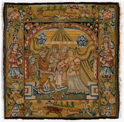 Putetrekk av billedvev som viser Susannah før dommeren, laget i Sheldon, England, etter 1600 (ull) av English School