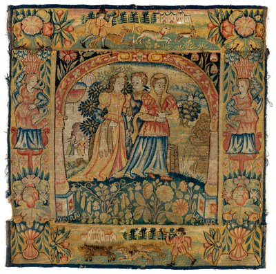 Putetrekk av billedvev som viser Susannah på vei til badet, laget i Sheldon, England, etter 1600 (ull) av English School