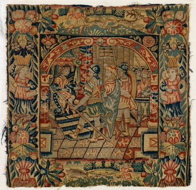Putetrekk av billedvev som viser The Elders før Daniel, laget i Sheldon, England, etter 1600 (ull) av English School