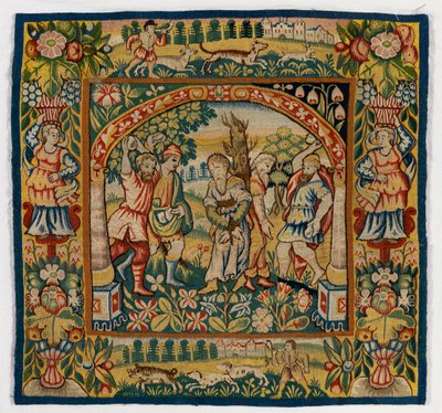 Putetrekk av billedvev som viser The Stoning of Elders (ett av sett med seks Sheldon-tepper, bestående av 47,9 til 47,14), laget i Sheldon, England, hvis det er ekte av English School