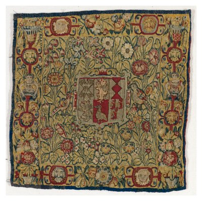 Putetrekk av billedvev som viser Arms of Sacheverell, laget i Sheldon, England, etter 1600 (ull og silke) av English School