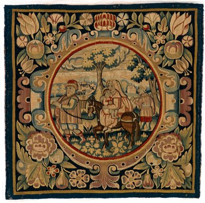 Putetrekk av billedvev som viser Flight into Egypt, muligens laget i Sheldon, England, tidlig på 1600-tallet (ull) av English School