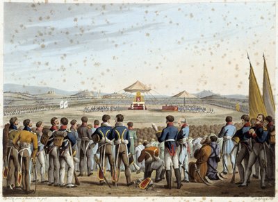 Te deum på slagmarken i «Historiske, militære og marine anekdoter og hendelser som nådde Storbritannias og deres alliertes armer, og endte ved Waterloo» av Edward Orme. Illustrasjoner av Fry, Sutherland, Clark, Dubourg, W. Heart, JA, Atkinson... Red. 1819, av English School