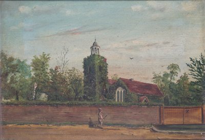 Teddington Church Middlesex, ca. 1900 (olje på lerret) av English School