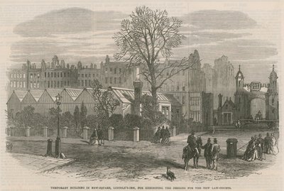 Midlertidig bygning på New Square, Lincolns Inn, for utstilling av designene for de nye lovdomstolene av English School