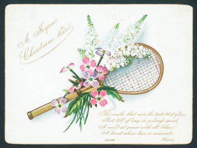 Tennisracket og blomster, julekort. av English School