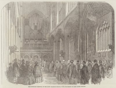 Jubileumsfestival for Bath Grammar-School, prosesjonen i Bath Abbey Church (gravering) av English School