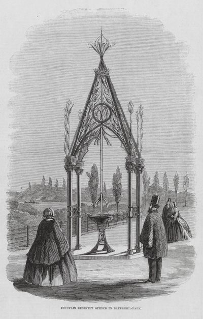 Teulon-fontenen, Battersea Park, London, England (gravering) av English School