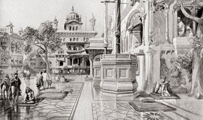 Akal Takht- eller Akal Bunga-komplekset, Harmandir Sahib (Det gylne tempel), Amritsar, Punjab, India i 1864, fra Hutchinsons History of the Nations, publisert 1915 av English School