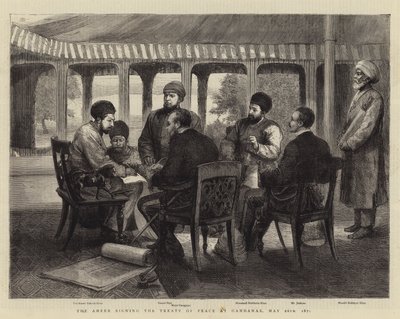 Ameeren signerer fredstraktaten i Gandamak, 26. mai 1879 (gravering) av English School