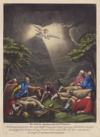 Engelen som viser seg for hyrdene (farge litho) av English School