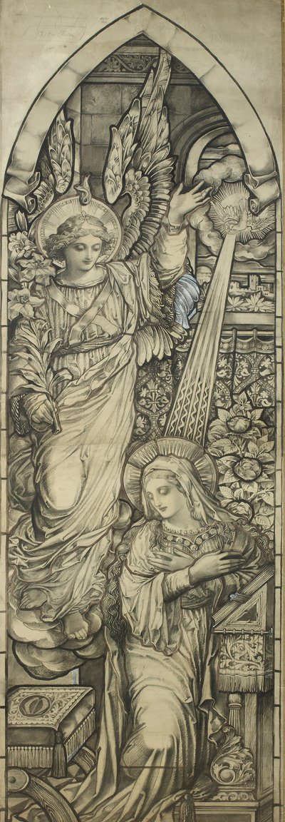 The Annunciation, verksted til Heaton, Butler & Bayne, ca. 1900 (svart fargestift og wc forhøyet med hvitt) av English School