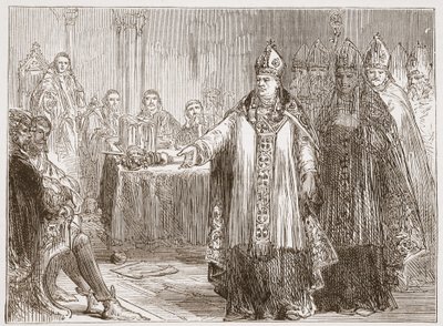 Erkebiskopene av York og Canterbury foran parlamentet i Westminster Abbey, illustrasjon fra The History of Protestantism av James Aitken Wylie (1808-1890), pub. 1878 av English School