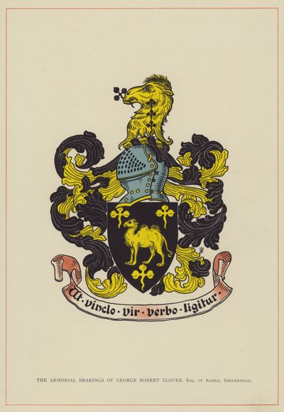 Våpenbeleggene til George Robert Clover, Esquire av Ramle, Birkenhead (fargelitografi) av English School