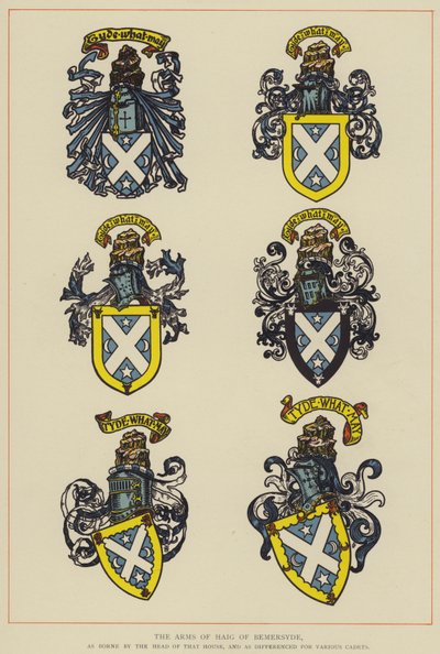 The Arms of Haig of Bemersyde, som båret av lederen av det huset, og som forskjellig for forskjellige kadetter (farge litho) av English School
