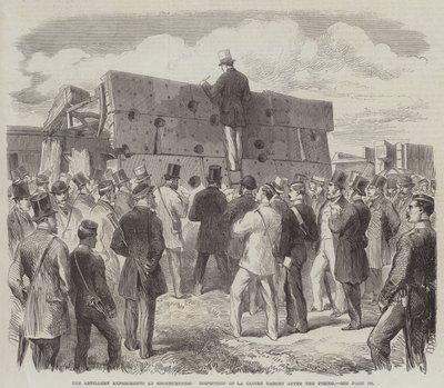 Artillerieksperimentene ved Shoeburyness, inspeksjon av La Gloire-målet etter skytingen (gravering) av English School