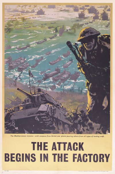 Angrepet begynner i fabrikken, WWII-plakat, 1943 av English School