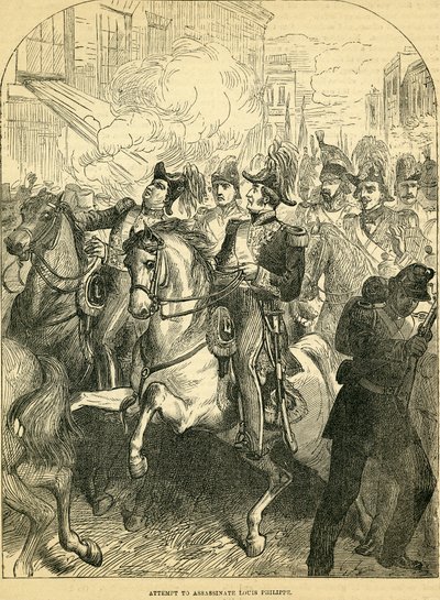 Forsøket på å myrde kong Louis Philippe av Frankrike, illustrasjon hentet fra Cassells Illustrated History of England, 18571858 av English School
