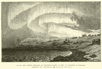 Aurora Borealis eller nordlys, sett ved Bossekop i Finnmark (Norge), 21. januar 1839, kl. av English School