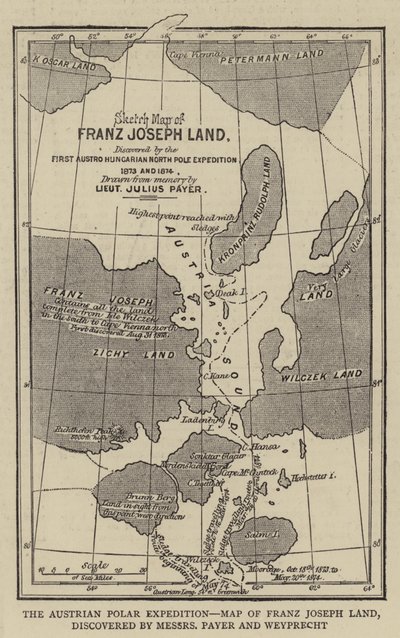 Den østerrikske polarekspedisjonen, kart over Franz Joseph Land, oppdaget av Messers Payer og Weyprecht (gravering) av English School