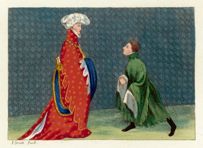 Forfatteren viser respekt til en Gascoigne-ridder (farget gravering) av English School