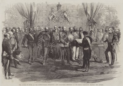 Prisutdelingen på den internasjonale utstillingen, Earl Granville, president for Royal Commission, leste adressen (gravering) av English School