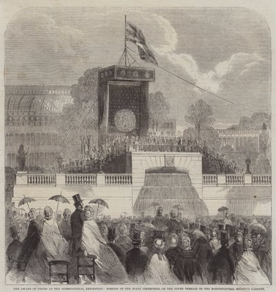 Prisutdelingen på den internasjonale utstillingen, del av statsseremonien på den øvre terrassen i Hagebruksforeningens hager (gravering) av English School