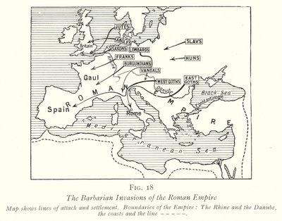 De barbariske invasjonene av Romerriket (litho) av English School