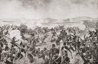Slaget ved Ulundi i 1879 som viser det siste rushet til zuluene og det britiske torget i det fjerne, fra 'South Africa and the Transvaal War: Vol. 1' av Louis Creswicke, utgitt 1900 (litho) av English School
