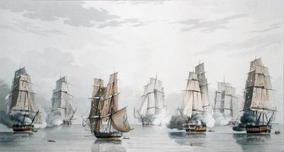 Den britiske skvadronen under kommando av kaptein Charles Marsh Schomberg og den franske skvadronen under kommando av Commodore Roquebert, ble beroliget kort tid etter starten av aksjonen utenfor Madagaskar, 20. mai 1811 (farge litho) av English School